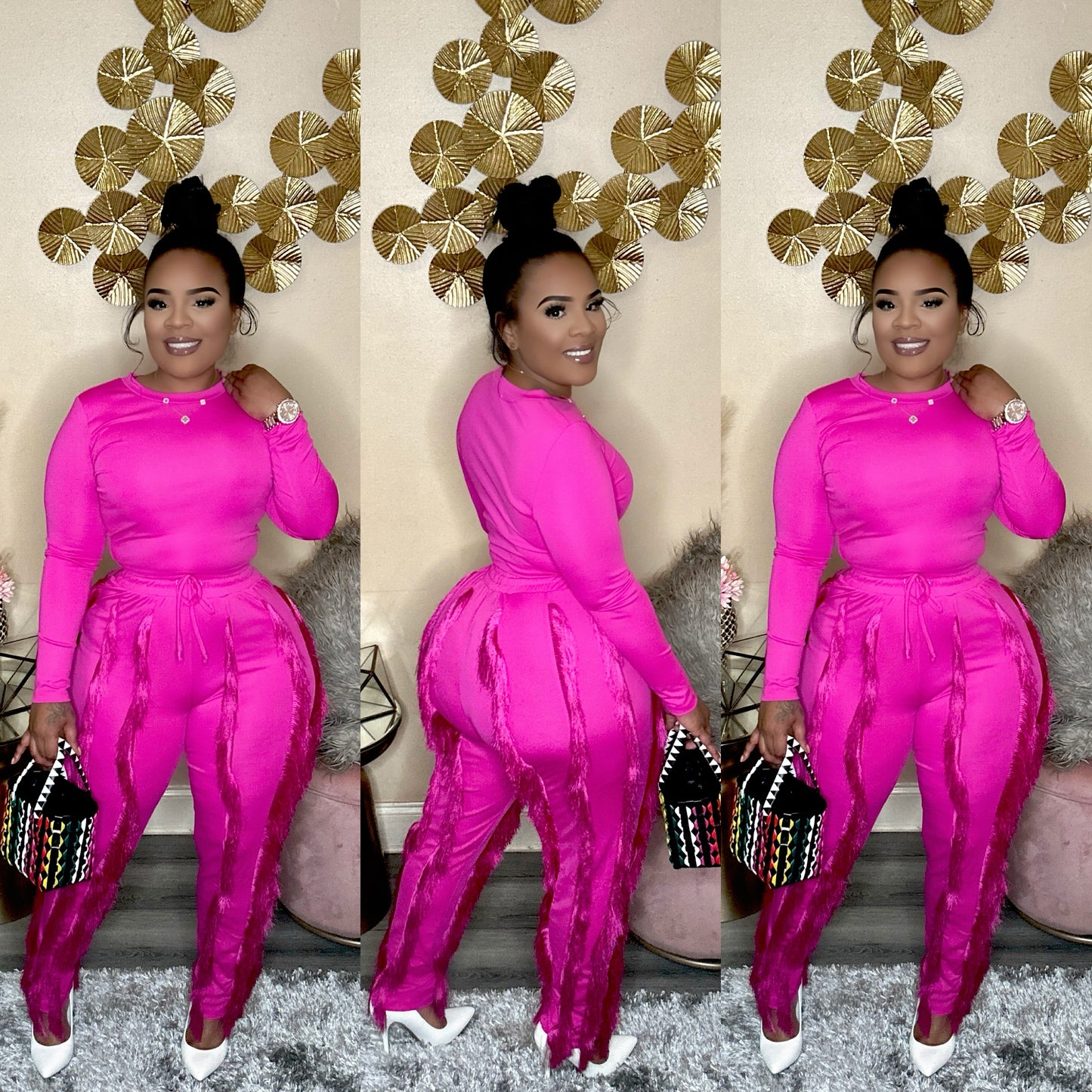 FRINGE BABE PANTS SET (FUCHSIA)