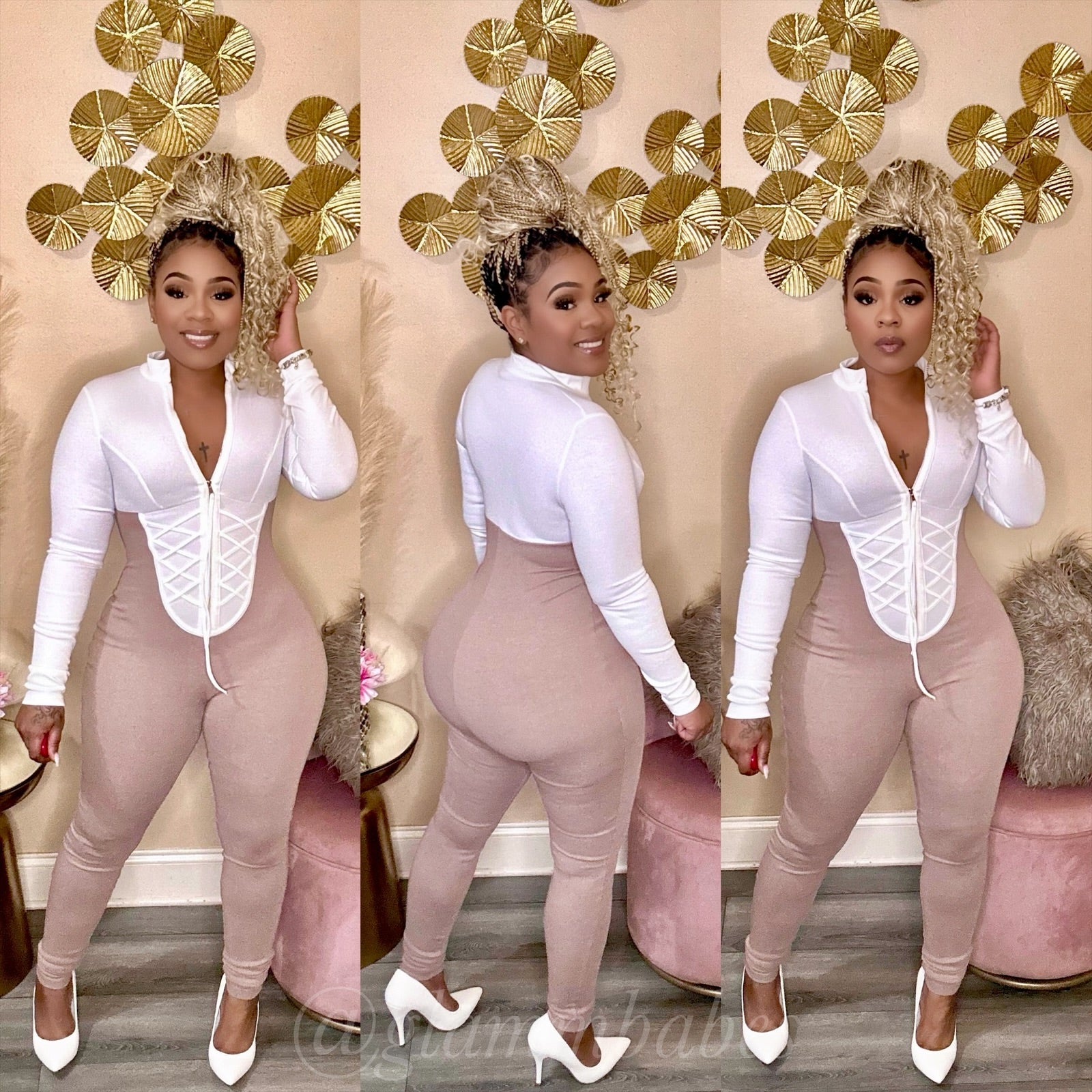 LACE ME UP BABE JUMPSUIT WHITE MOCHA GLAMM BABES LLC